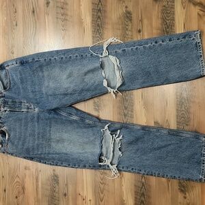 Topshop Dad Jeans Button Fly W34‎ 34x32 Distressed Knee Medium Wash